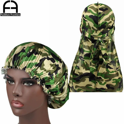 Camo Silky Durag & Bonnet Set - Ankara Print Sleeping Cap and Turban for Women