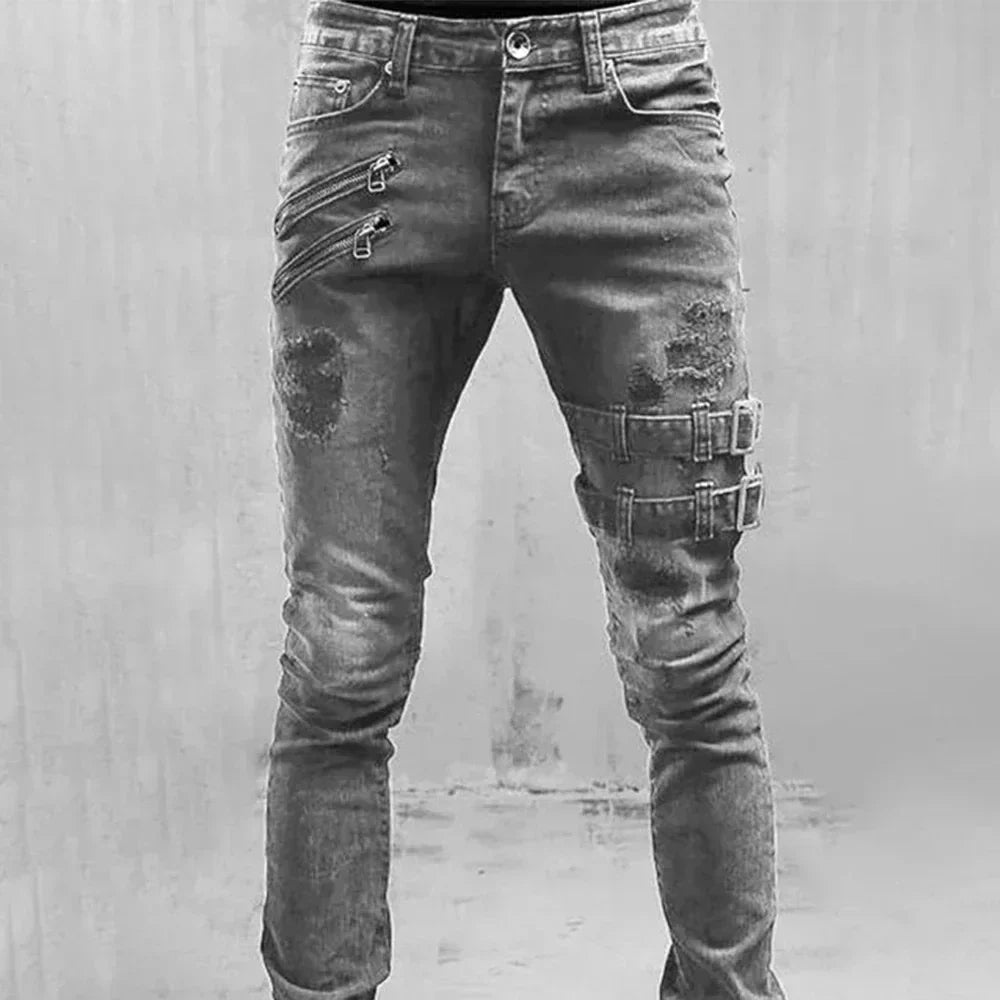 2024 Plus Size Men’s Straight Jeans – Casual Skinny Streetwear Denim Pants with Zippers in 3 Colors