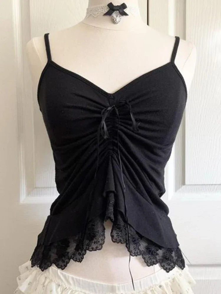 Women’s Grunge Punk Gothic Camisole Top – Y2K V-Neck Bow Lace Slim Fit Crop Cami Streetwear