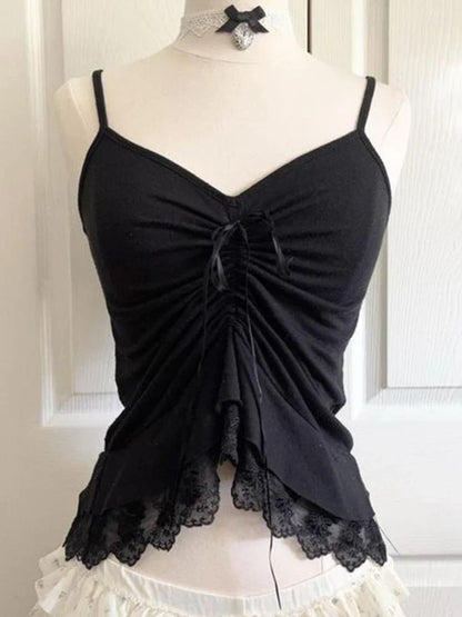 Women’s Grunge Punk Gothic Camisole Top – Y2K V-Neck Bow Lace Slim Fit Crop Cami Streetwear