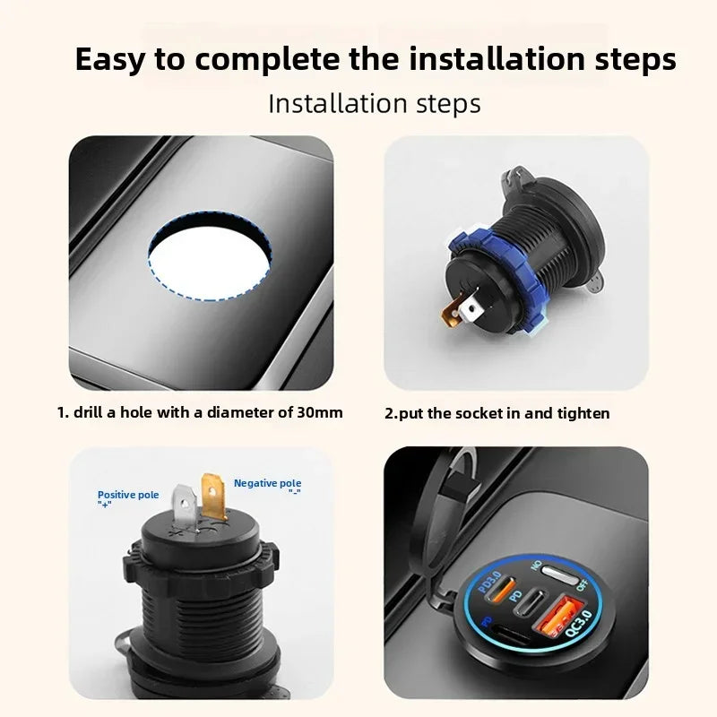 USB Car Charger 12/24V - Dual Socket PD3.0 & QC3.0 Fast Charging Station with LED Voltmeter Switch