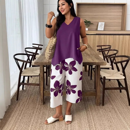 Women's Floral Print Sleeveless Summer Set - Elegant Casual 7/8 Length Fashion Outfit