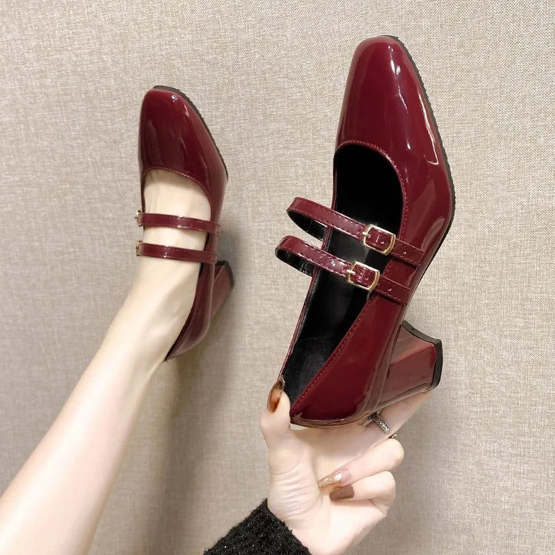 2025 Women’s Double Buckle Leather Shoes – Square Toe & Heel, Solid Color Spring & Autumn Footwear