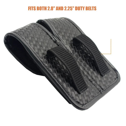 Tactical Black Basketweave Double Magazine Pouch - Leather Handgun Mag Holder with Snap Closure