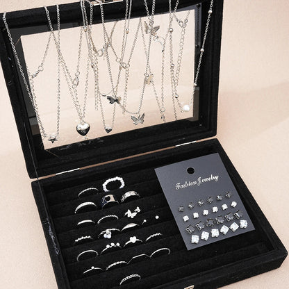 51Pcs Silver Butterfly Pearl Jewelry Set - Chic Heart Necklace Earrings Rings Fashion Accessories for Women Daily Wear