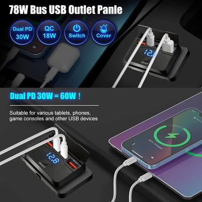 Car Charger Socket Adapter with Switch | 4-Port Charging Splitter for Bus, RV, ATV, Truck, Boat | 12V/24V PD, QC3.0