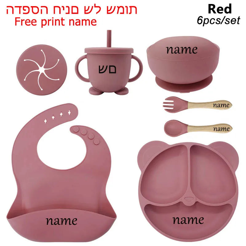 6-Piece Baby Feeding Plate Set – Silicone Suction Bowls, Plates, Cups & Spoon for Kids, Personalized Name Tableware