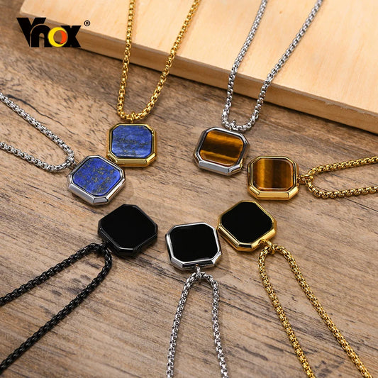 Vnox Stylish Men's Square Natural Stone Necklace - Stainless Steel Geometric Polygon Pendant, Casual Punk Jewelry Gift