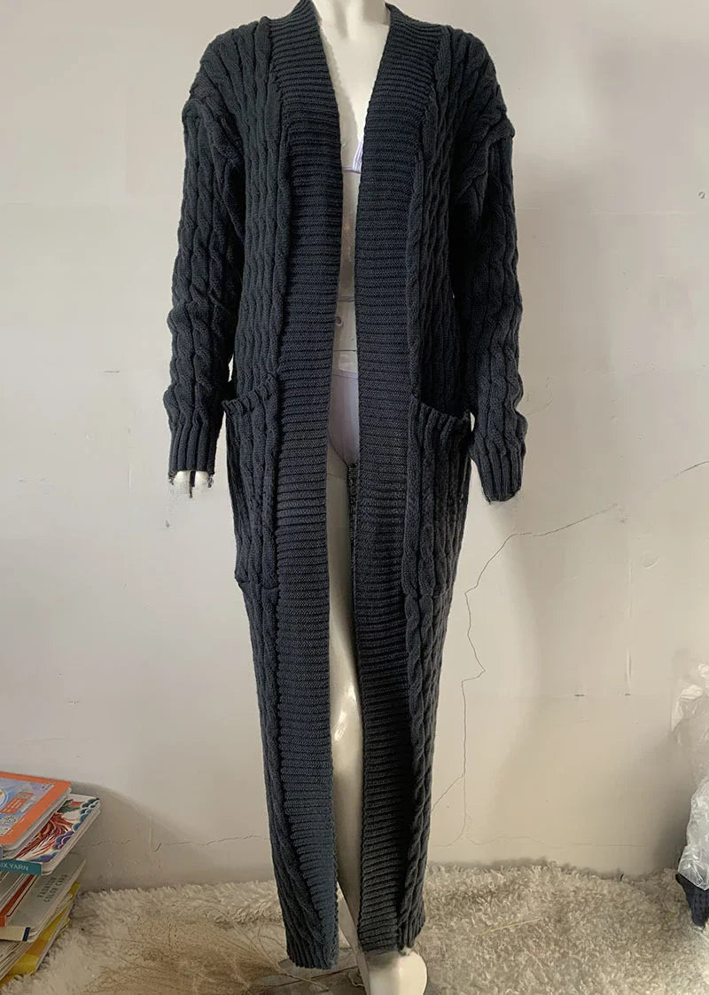 Women’s Long Knit Cardigan with Pockets – Vintage Full Sleeve Thick Autumn Winter Sweater Coat