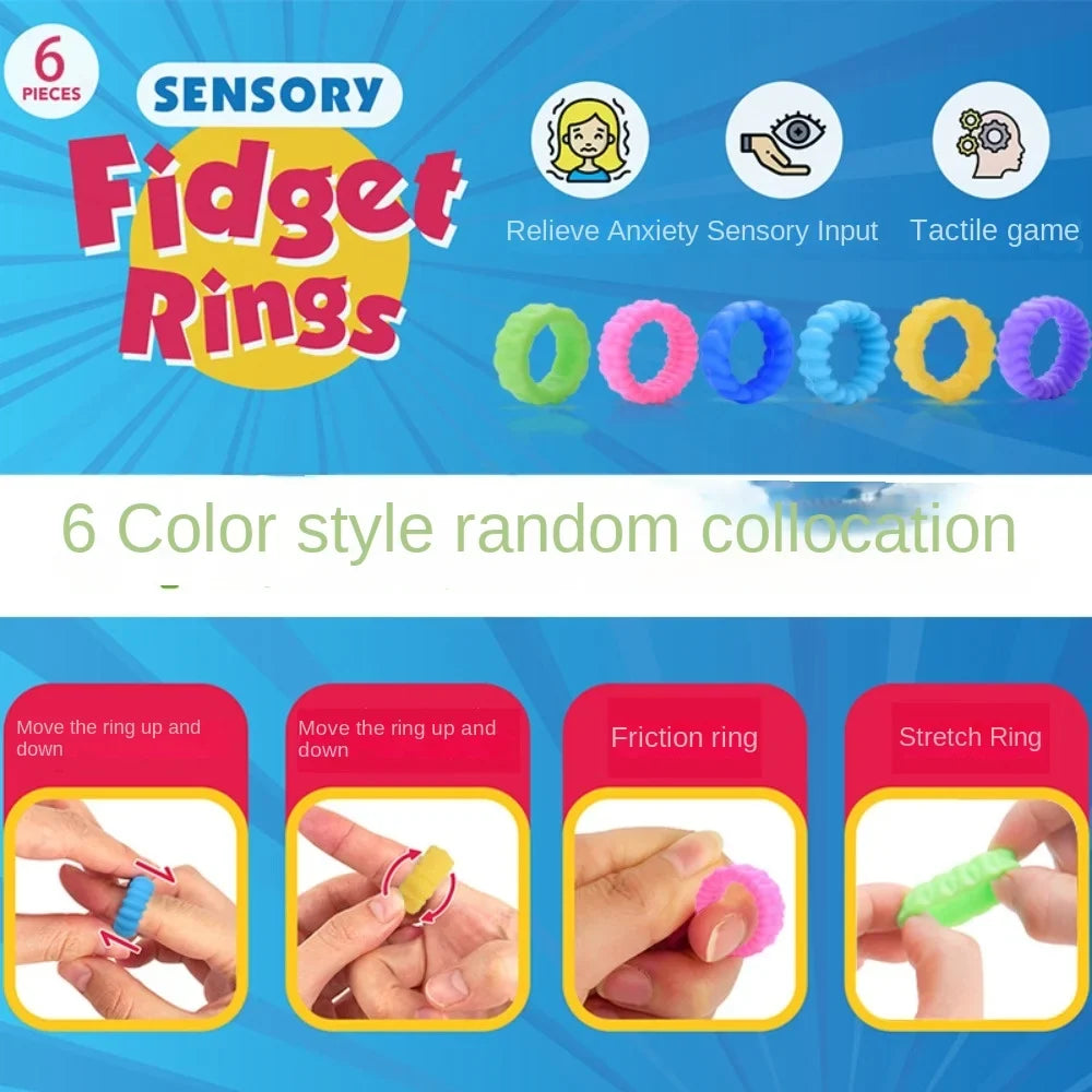 6pcs Silicone Fidget Rings - Durable Stress Relief Sensory Toys for Kids & Anxiety Reduction