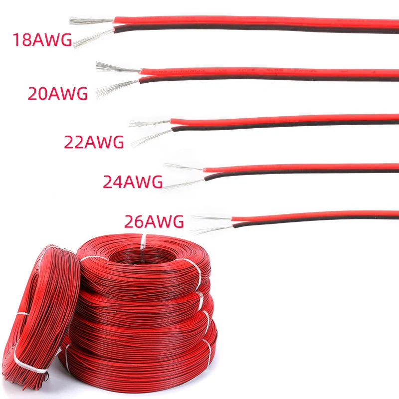 2-Pin Electrical Wire – Tinned Copper 18/20/22/24/26 AWG Insulated PVC Extension Cable for LED Strip, Red & Black