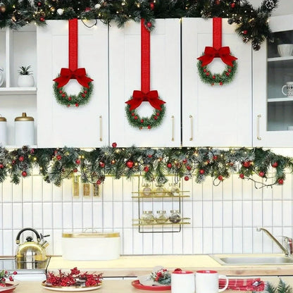 Set of 4 Mini Christmas Wreaths with Ribbon Bows & Red Berry Accents – Festive Window & Home Party Decorations
