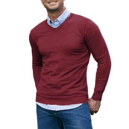 Men's V-Neck Knit Sweater - Soft Lightweight Long Sleeve Slim Fit Casual Pullover Autumn Top