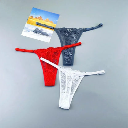 Women's Transparent Lace Thong Set - 3PCS Adjustable Low Waist Sexy T-Back Underwear