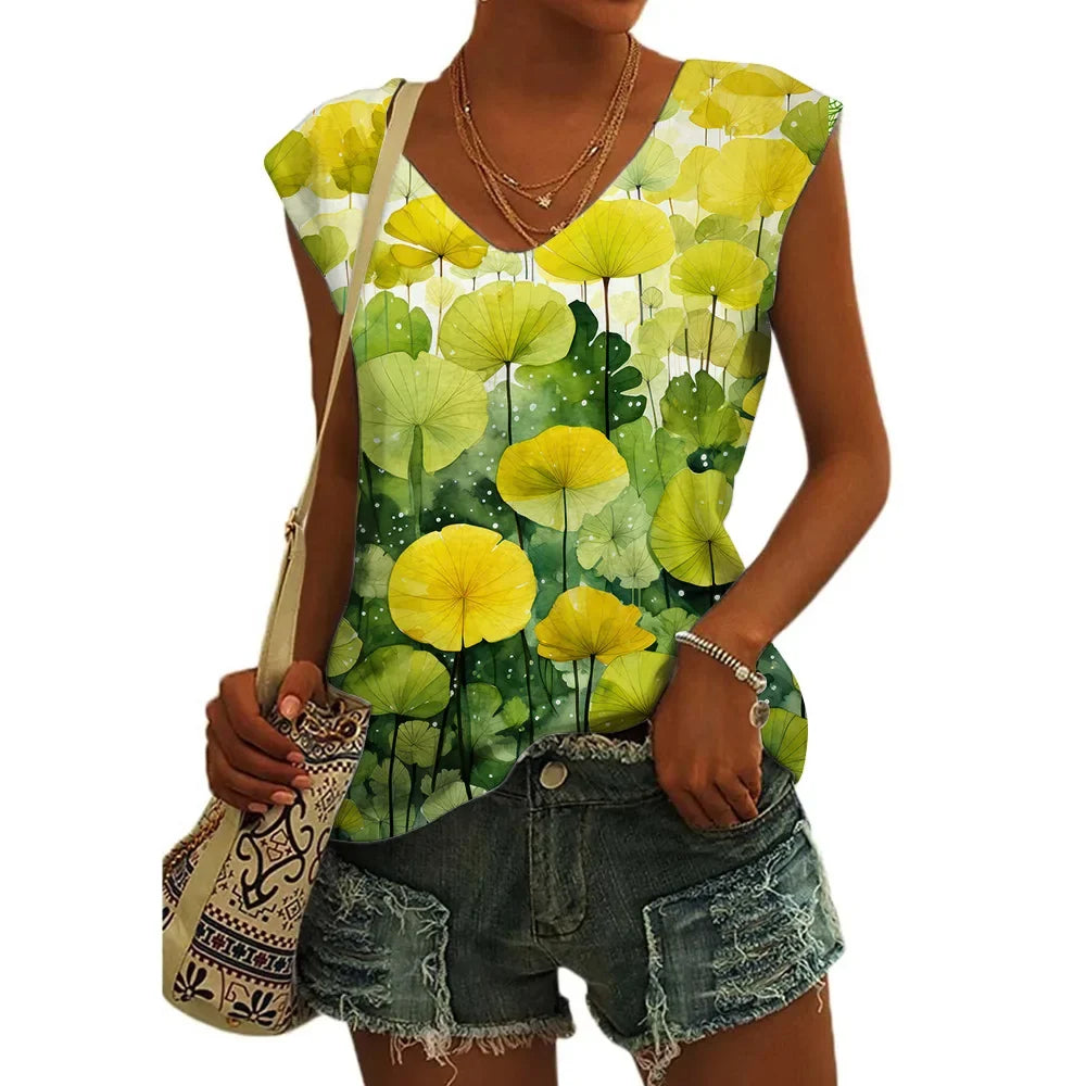 Women’s Floral Print T-Shirt - V Neck Cap Sleeve Loose Fit Summer Beach Top with Breathable Casual Style