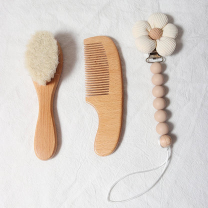 Baby Hair Care Gift Set - Natural Wool Brush, Wooden Comb, Bib and Pacifier Clip for Newborns