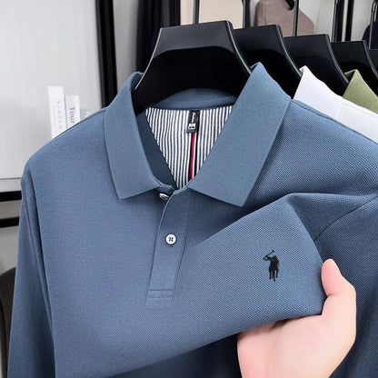 Men's 100% Cotton Long Sleeve Polo Shirt - Embroidered Business Casual Fashion Polo