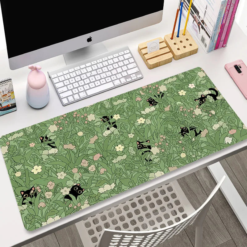 Cute Cat Gaming Mouse Pad - XL Green Plant Design XXL Desk Mat for Keyboard Computer Laptop Gamer Setup