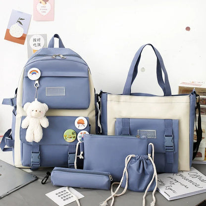5-Piece School Bag Set – Canvas Backpacks for Teenage Girls & Women, Solid Color Student Schoolbags