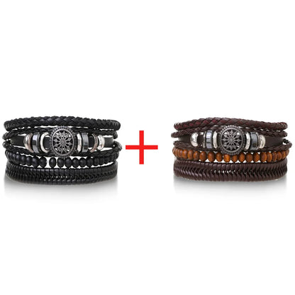 4Pcs Men's Braided Leather Bracelets Set – Vintage Life Tree & Rudder Charms, Wood Beads, Ethnic Tribal Wristbands
