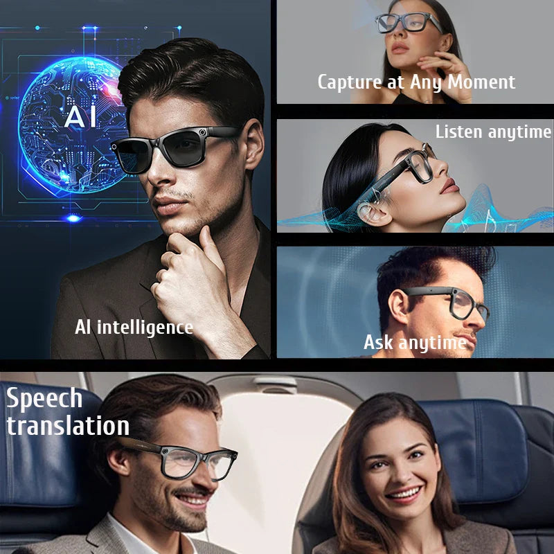8MP Smart Glasses — AI Photo Recognition, Video Recording, Translation, Bluetooth, IP65 Waterproof, 270mAh Battery