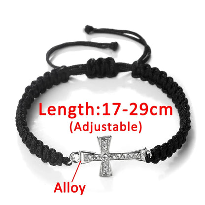 Crystal Cross Pendant Bracelet - Red & Black Braided Prayer Rope Jewelry Gift for Men & Women