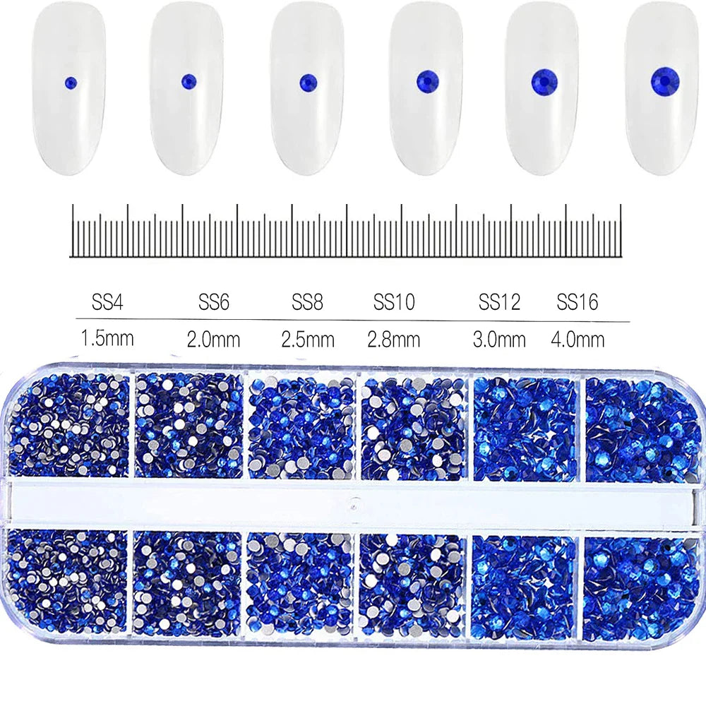 12-Grid Mixed Nail Rhinestones SS6-SS30 – Shiny Flat-Back Gems in Clear, Gold, Pink & Blue for Nail Art Decoration