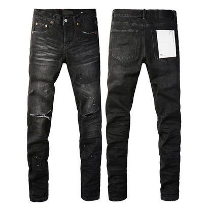 2025 Men’s High Street Ripped Skinny Jeans — Low Rise Blue Distressed Denim Fashion Repair Trousers 9003
