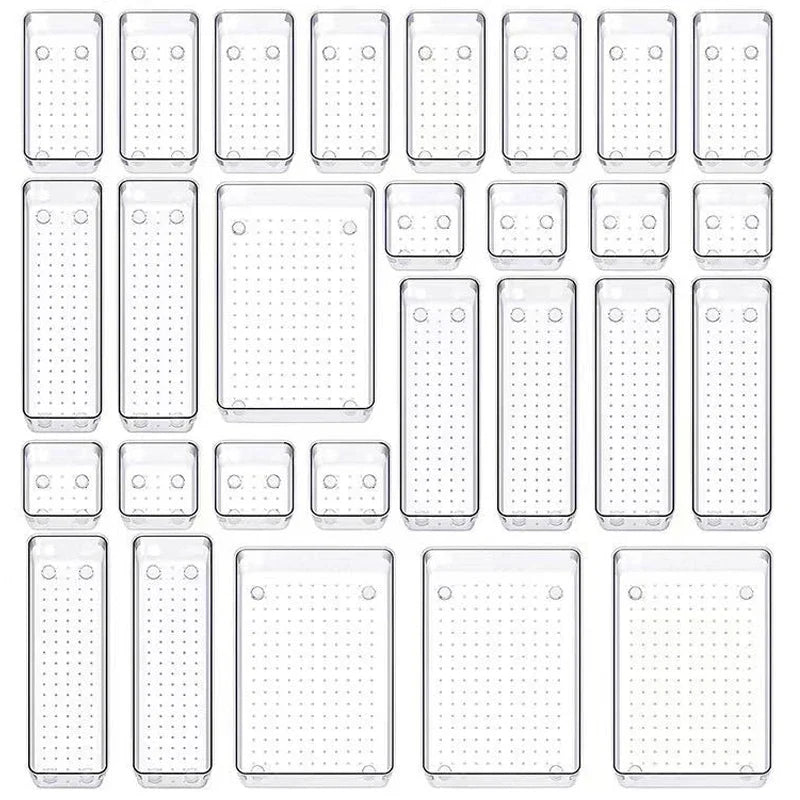 28PCS Clear Drawer Organizer Set - Multi-Size Storage Trays for Bathroom Vanity Kitchen & Bedroom