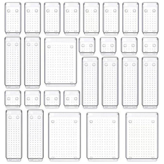 28PCS Clear Drawer Organizer Set - Multi-Size Storage Trays for Bathroom Vanity Kitchen & Bedroom