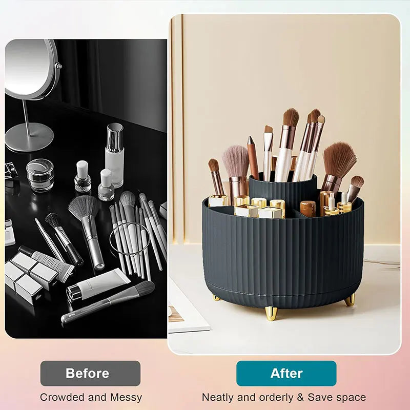 360° Rotating Makeup Organizer - 5 Compartment Plastic Cosmetic Holder for Brushes & Beauty Storage