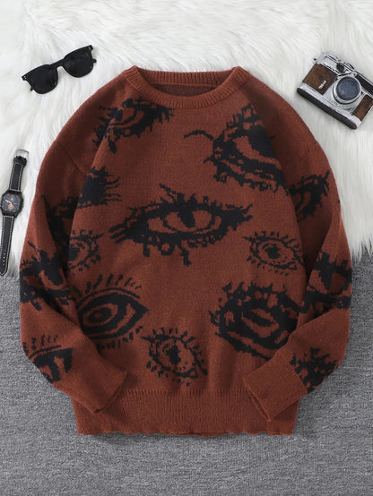 Men's Abstract Eye Jacquard Sweater - Round Neck Knitted Autumn Winter Casual Pullover Top
