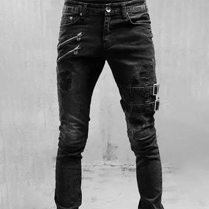 2024 Plus Size Men’s Straight Jeans – Casual Skinny Streetwear Denim Pants with Zippers in 3 Colors