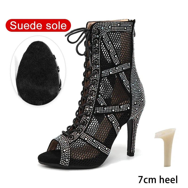 Women’s Rhinestone Latin Dance Boots - Shiny Jazz Dance Shoes with Slim High Heels