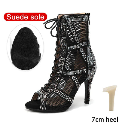 Women’s Rhinestone Latin Dance Boots - Shiny Jazz Dance Shoes with Slim High Heels