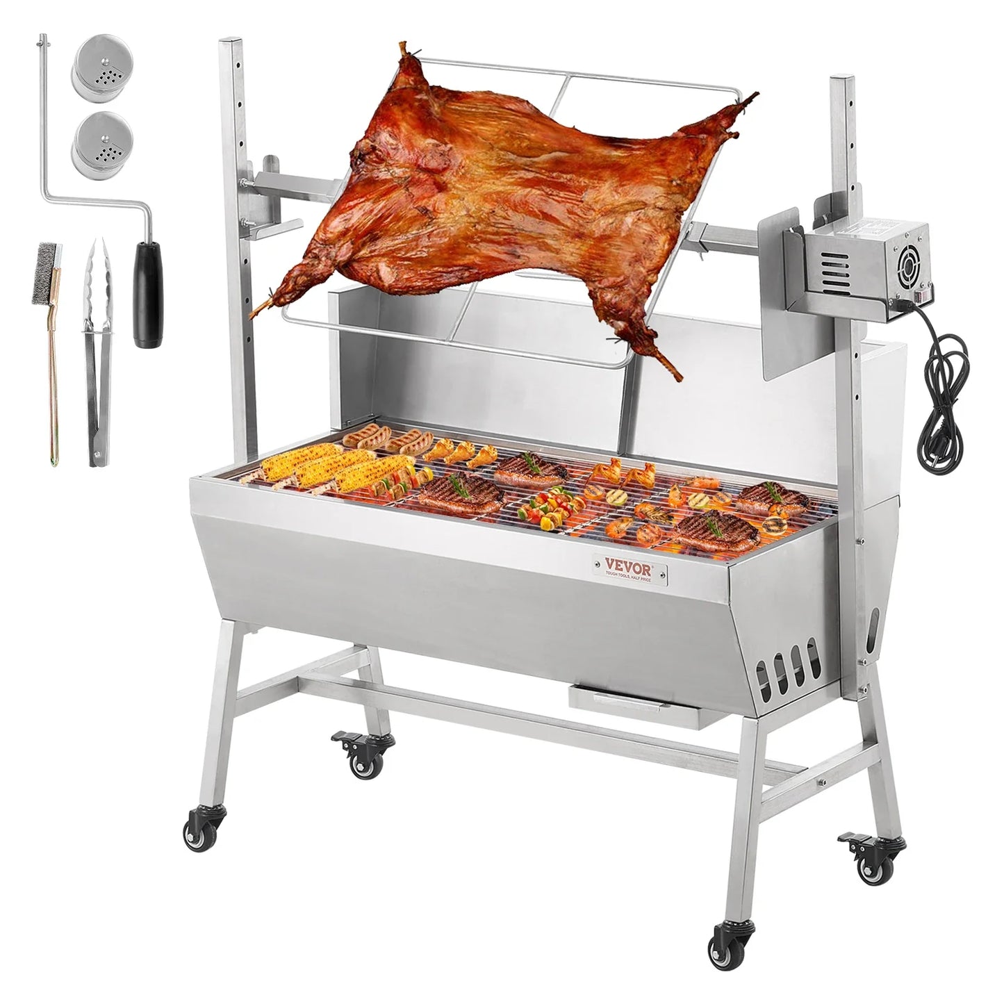 SucceBuy 35-Inch Rotisserie Grill – Electric Motor Charcoal Spit Stainless Steel Roaster with Lockable Wheels for Camping