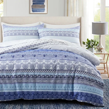 Grey Feather Duvet Cover Set – Full/Queen Boho Bedding with Soft Reversible White Comforter Cover for Kids & Teens