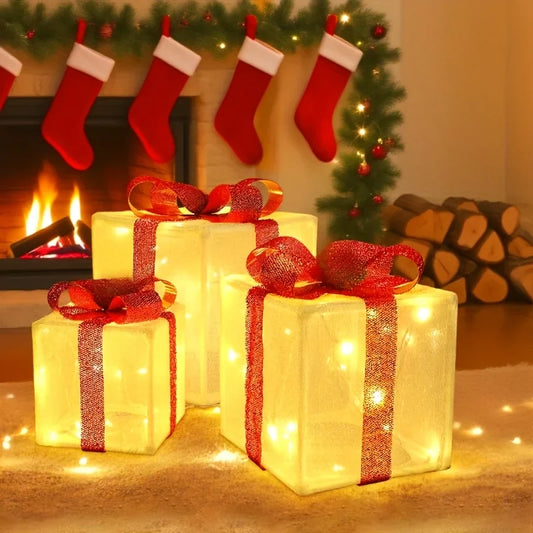 3-Piece LED Christmas Gift Box Set - Holiday Lighting Display for Christmas & Thanksgiving (3 AA Batteries Required)