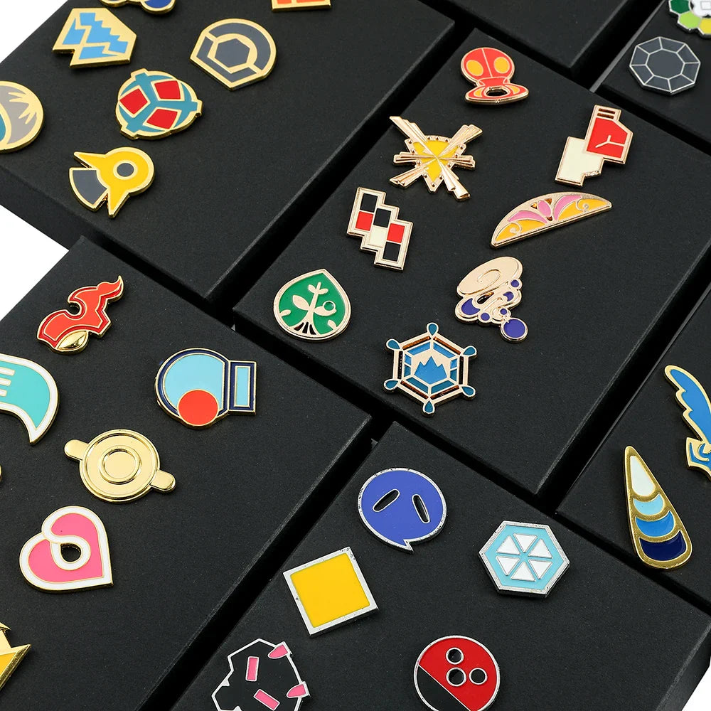 Pokemon Gym Badges Pin Set — Kanto, Johto, Hoenn, Sinnoh, Unova, Kalos & Orange Islands League Brooches with Box, Pocket Monster Collection