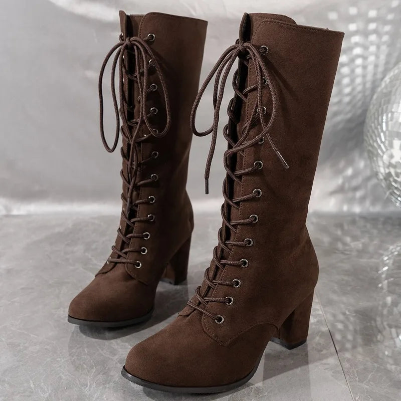 Women’s Winter Chunky Heel Boots - Round Toe Cross-Lace Anti-Slip Wear-Resistant Fashion Shoes