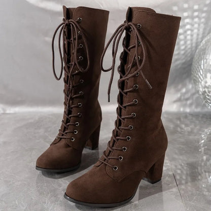 Women’s Winter Chunky Heel Boots - Round Toe Cross-Lace Anti-Slip Wear-Resistant Fashion Shoes
