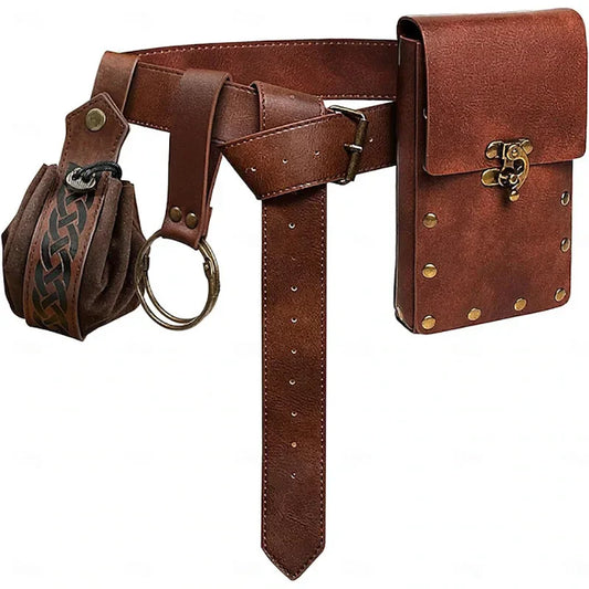 4PCS Medieval Cosplay Leather Belt Set – Copper Coin Waist Bag, Renaissance & Steam Role Playing Halloween Costume Accessories