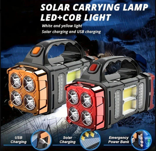 COB Solar Rechargeable Flashlight - Waterproof Outdoor Camping Emergency Spotlight with SOS Mode