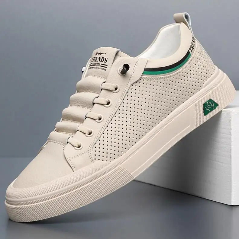 Men’s Genuine Leather Casual Sneakers – Breathable Cow Leather Skateboard Shoes, Street Trend Flat Summer Footwear