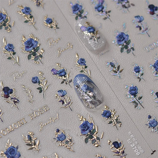 Vintage Rose Flower Nail Stickers – Red & Blue Laser Gold/Silver Nail Art Decals for Manicure Design DIY Beauty Tool