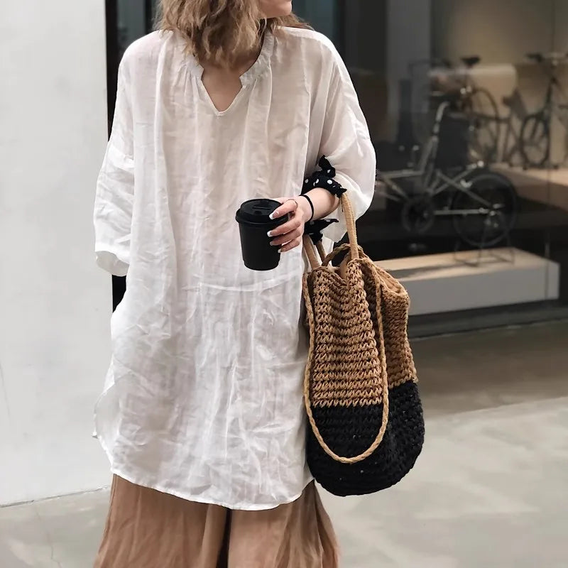 Women’s Cotton Linen Blouse - Loose Fit Long Sleeve Casual Pullover Shirt for Summer & Autumn