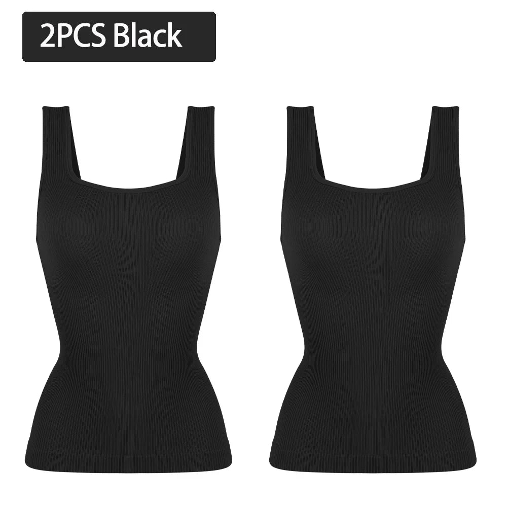 Women's Tummy Control Shapewear Tank Top - Seamless Square Neck Compression Cami (1 or 2 Pack)