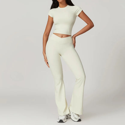 Women’s 2PCS Sportswear Yoga Set – Short Sleeve Crop Top & High Waist Leggings for Gym & Fitness