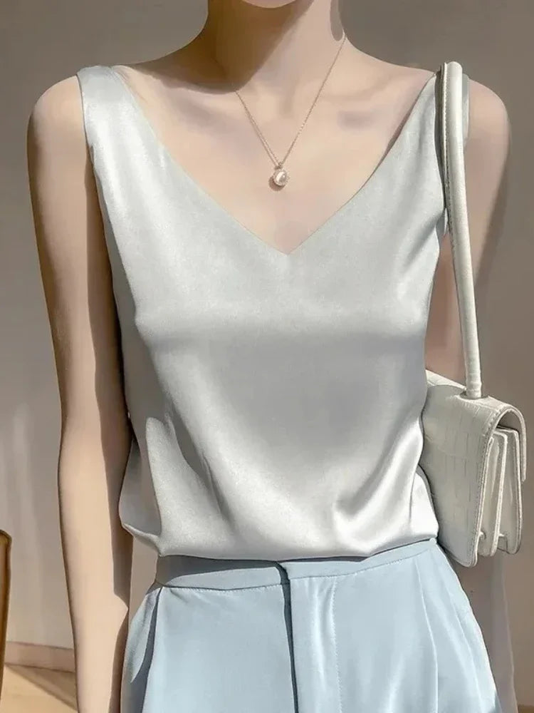 Women's V Neck Satin Silk Top - Sleeveless Acetic Acid Blouse for Elegant Summer Fashion