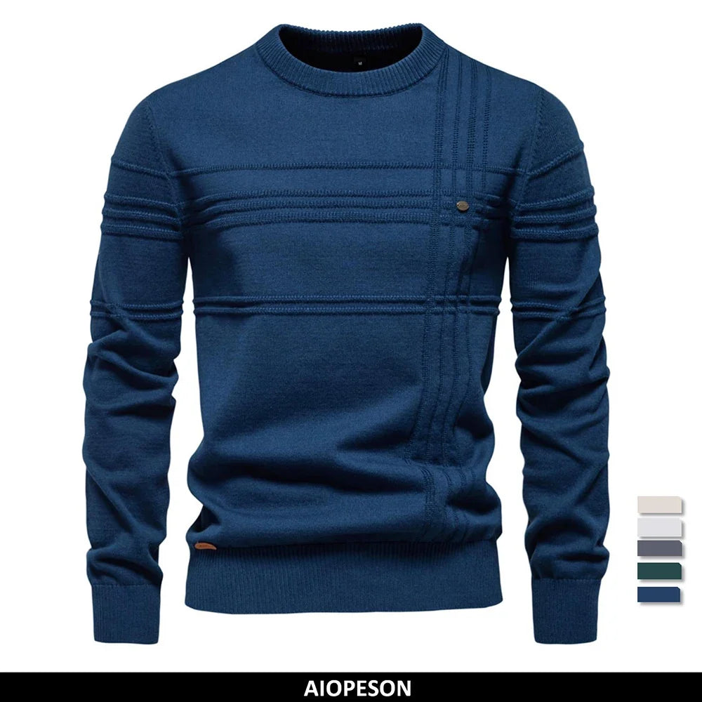 AIOPESON Men's Crewneck Sweater - Striped Cotton Knit Pullover Autumn Winter Warm Casual Top